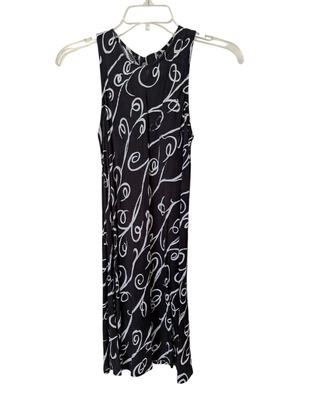 90s All That Jazz Black Mini Dress with White Swirl Print